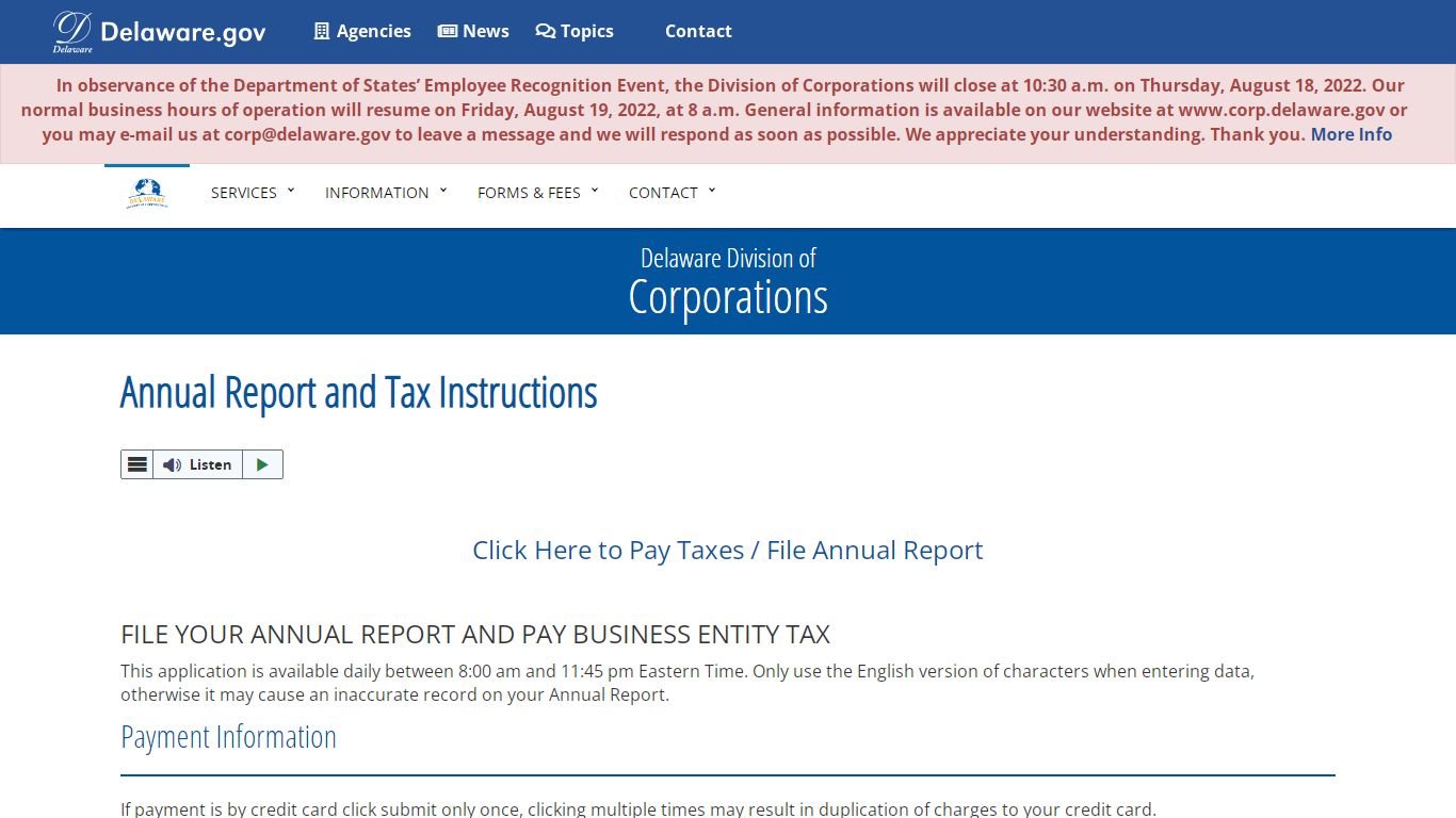 Annual Report and Tax Instructions - Division of Corporations - Delaware