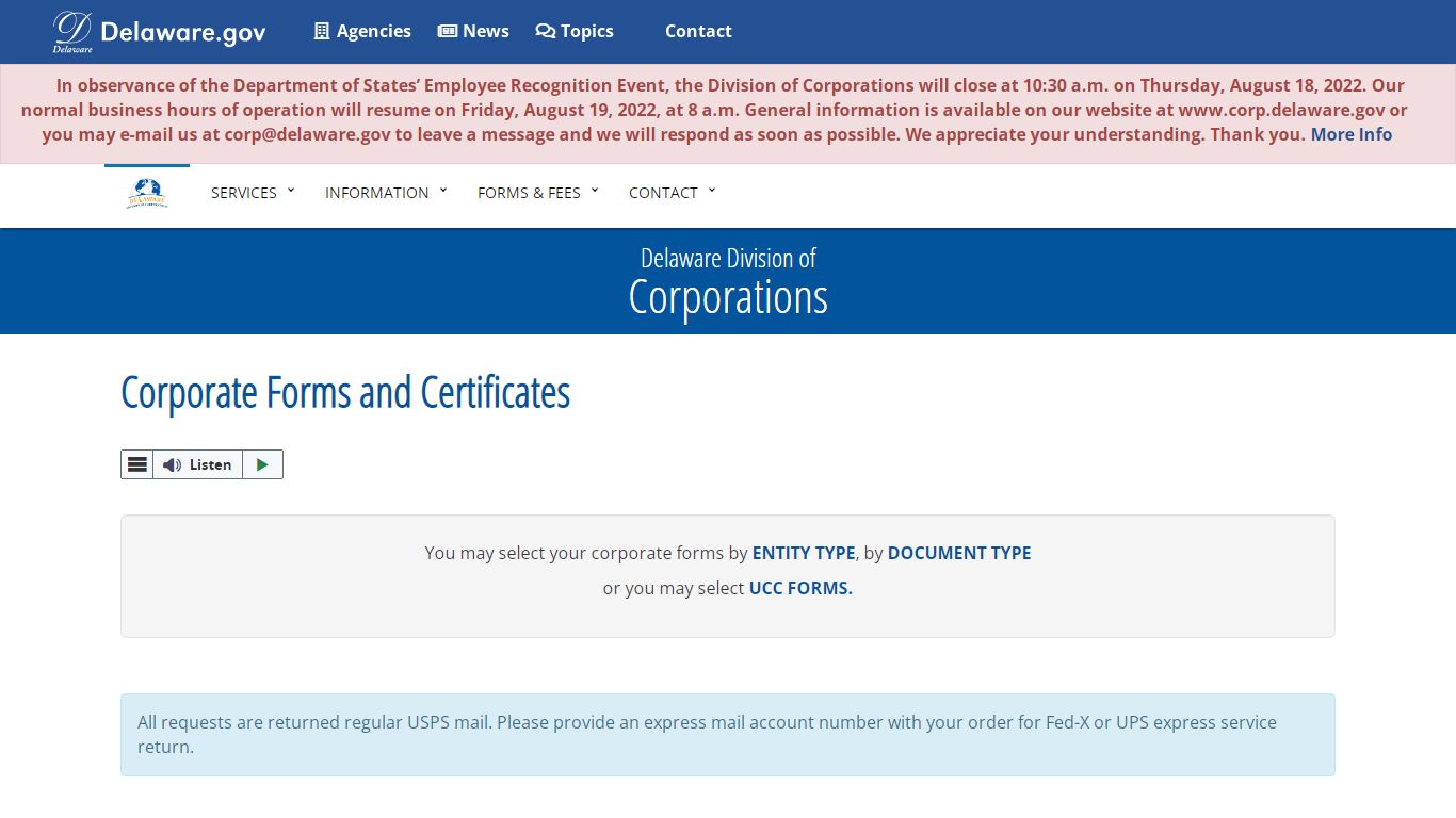 Corporate Forms and Certificates - State of Delaware